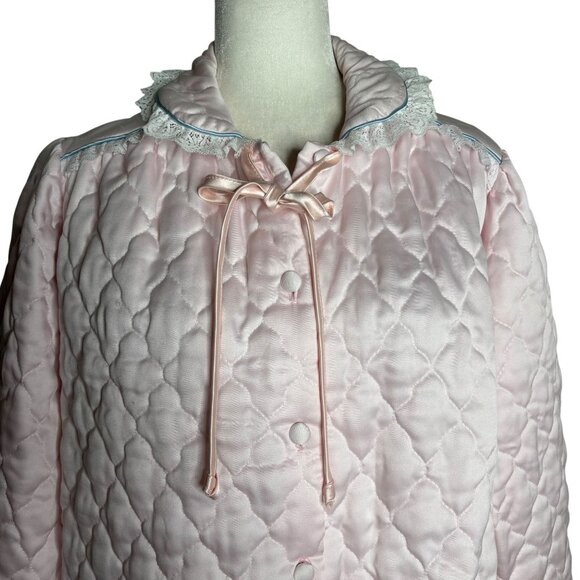 Vintage 80s Appel Quilted Bed Jacket Large Light Pink Lace Polyester Buttons - Picture 2 of 9